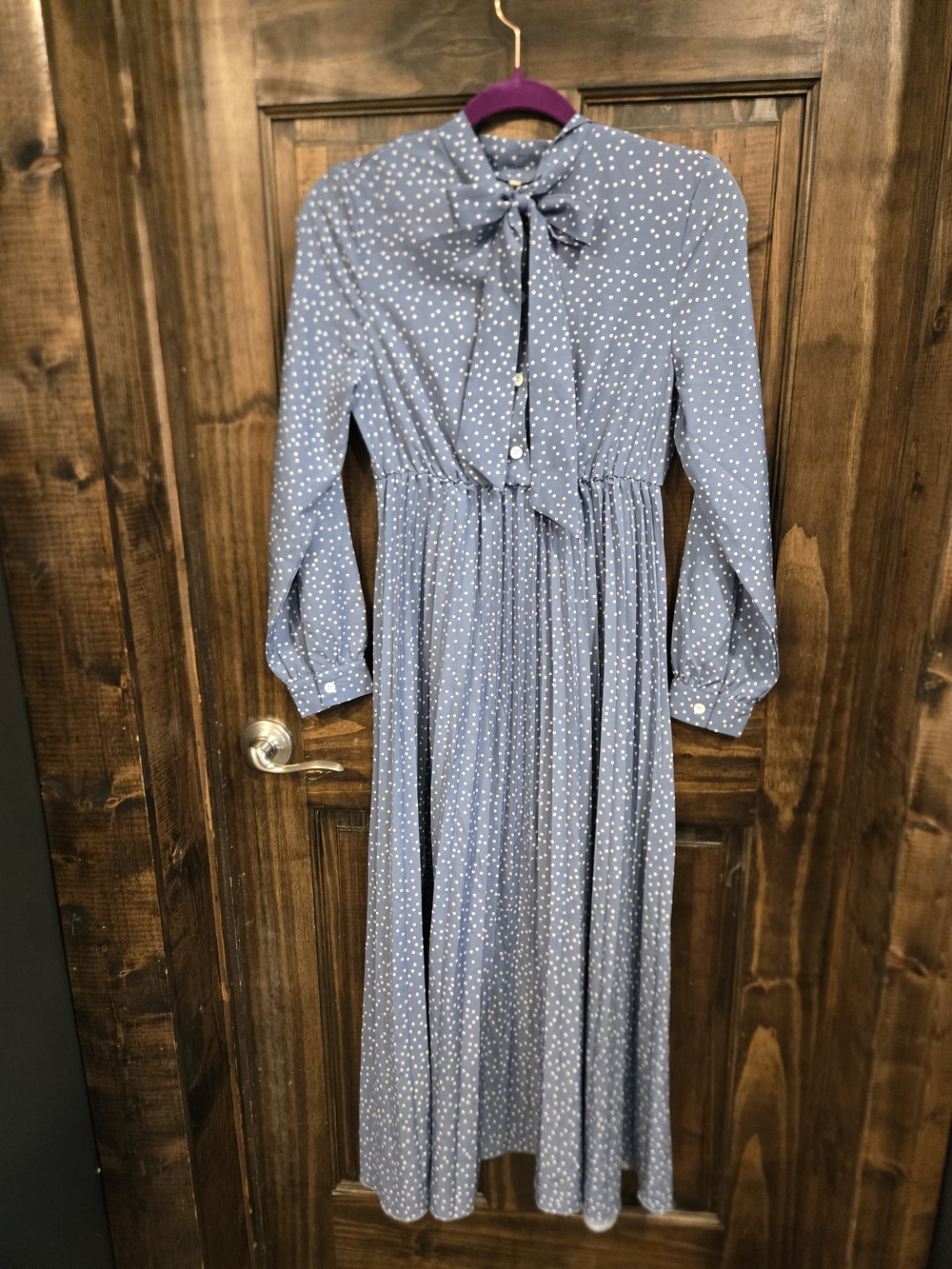 Blue Polka Dot Tie-Neck Long Sleeve Dress
